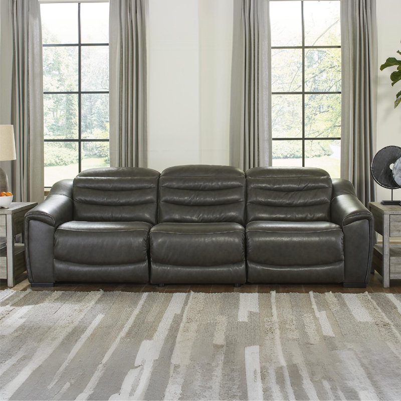Melynn 110'' Upholstered Power Reclining Sofa, Dark Gray Genuine Leather