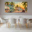 Ensemble de 3 toiles murales représentant une scène de rue tropicale avec palmiers et voitures anciennes, pour salon, chambre ou décoration intérieure.-912290506