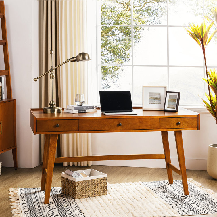 Adakras 60" Mid-century Modern Writing Desk with Built-in Outlets and Compartmentalized Drawer and Cable Management