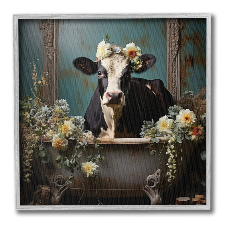 Vache rétro dans la baignoire, giclée par Lazar Studio, H 17 po x l 17 po, Estampe numérique Farmhouse