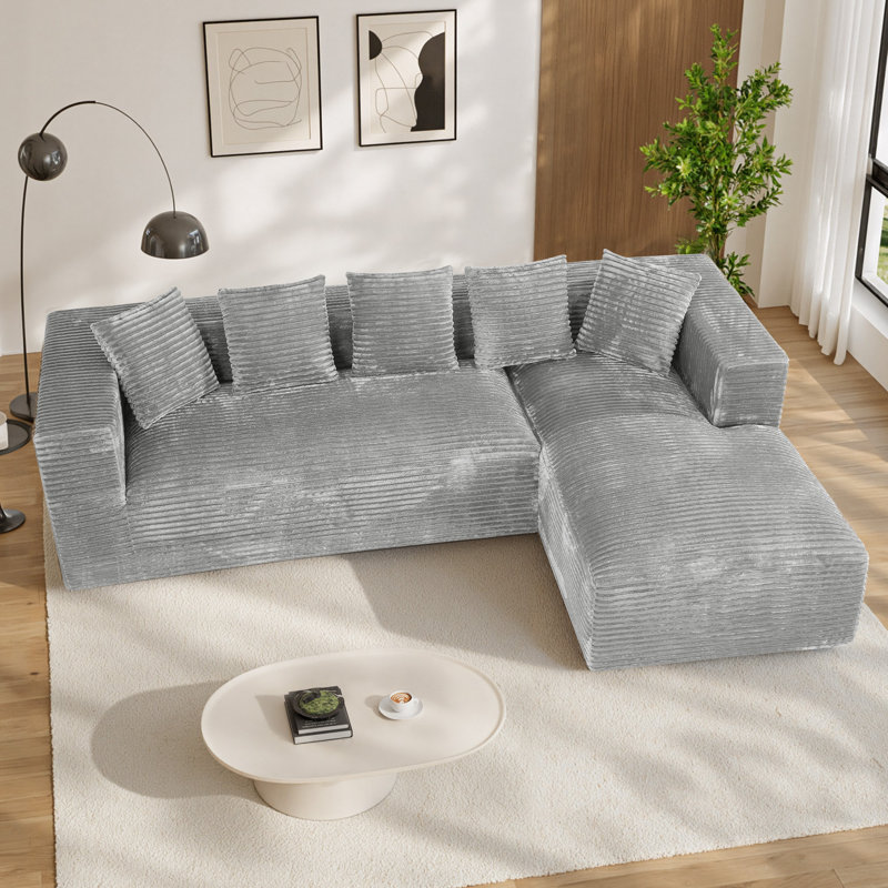 Canapé d'angle surdimensionné sans ossature et à compression de 104 pouces avec coussins, Velours côtelé gris pâle