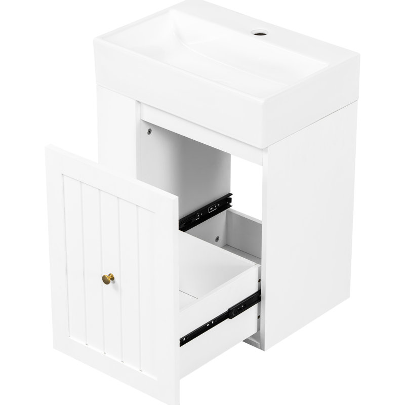 Meuble-lavabo moderne de 20 pouces avec lavabo en céramique, armoire de rangement, tiroir, tablette latérale et poignée dorée pour le rangement des petites salles de bain blanches, tiroir à usage quotidien dans les salles de bain d'invités