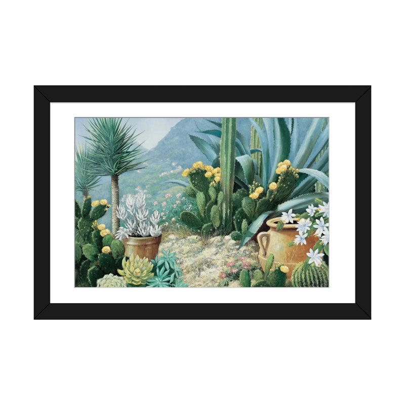 «Cactus», reproduction sur toile, H 24 po x l 32 po x P 1 po, Papier beaux-arts encadré noir, Blanc