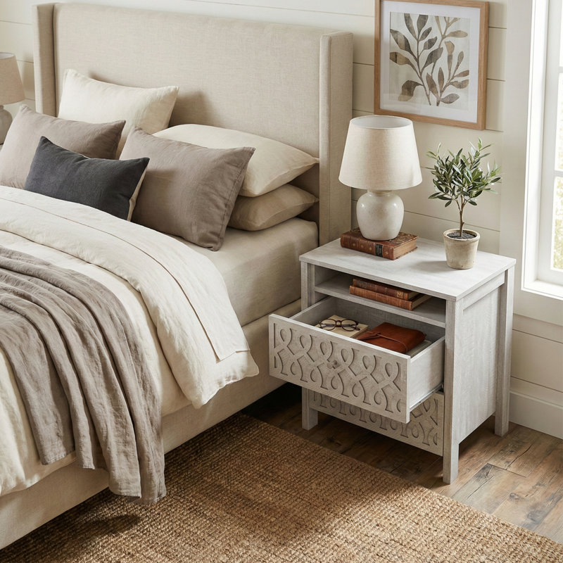 Table de chevet 2 tiroirs avec rangement ouvert Allysyn (ensemble de 2), Gris