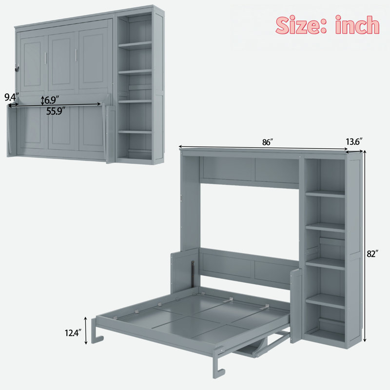 Lit escamotable avec bureau et tablettes Murphy, Gris, Double