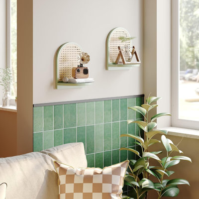 7-inch rattan rack with rattan decoration, Bohemian style wall decoration, mini rack for small ornament storage, green 2-piece rattan rack set