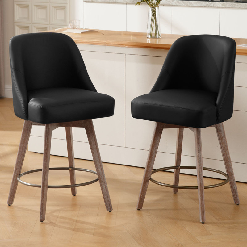 Modern Mid-Century Swivel Bar stool with Backs and Wood Legs, Black