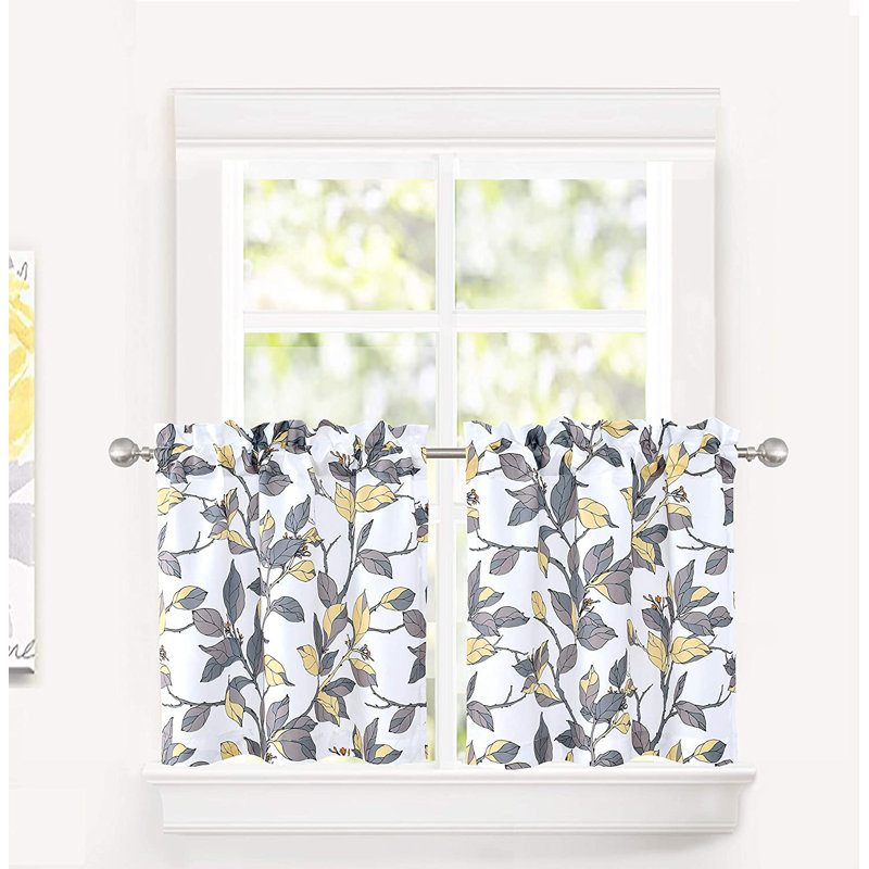 Gray and Yellow Floral Polyester Kitchen Curtain Set