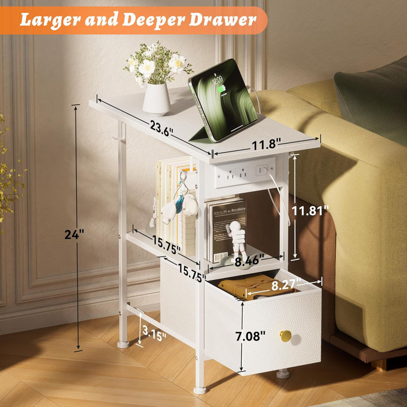 Narrow Side Table, End Table with Charging Station Bed Side Table Small Side Table Nightstand White