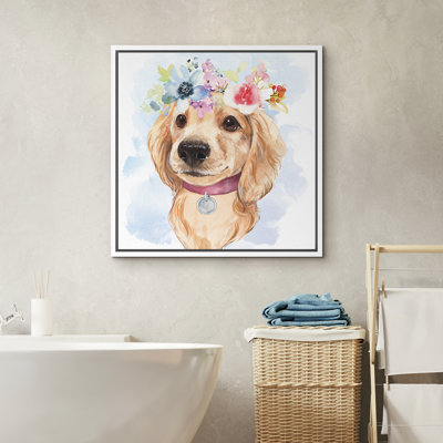 Golden Retriever Dog With Colorful Pastel Flower Crown Animals Picture Portrait Framed Canvas Print