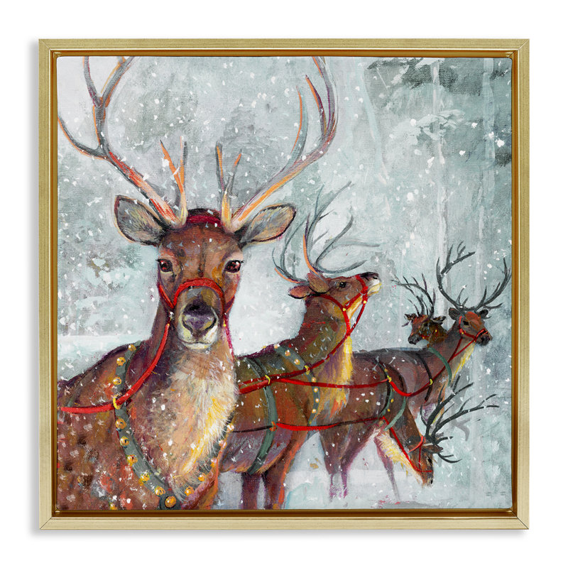 «Winter Reindeer Holiday Landscape», art mural encadré flottant doré par Ruane Manning, Cadre flottant métallique doré