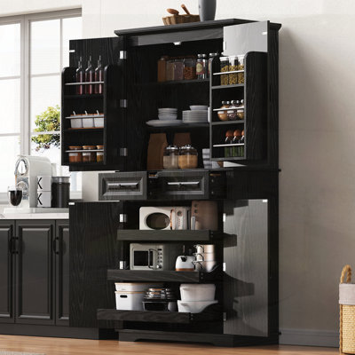 Tall Kitchen Pantry Cabinet With 3 Pull Out Cabinet Organizers, Farmhouse Embossed Texture Storage Cabinet With 6 Door Shelves