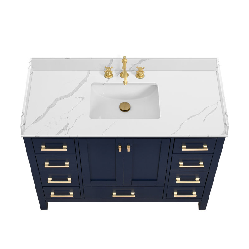 Ensemble de meuble-lavabo 48 po avec comptoir en quartz, Bleu, Or brossé