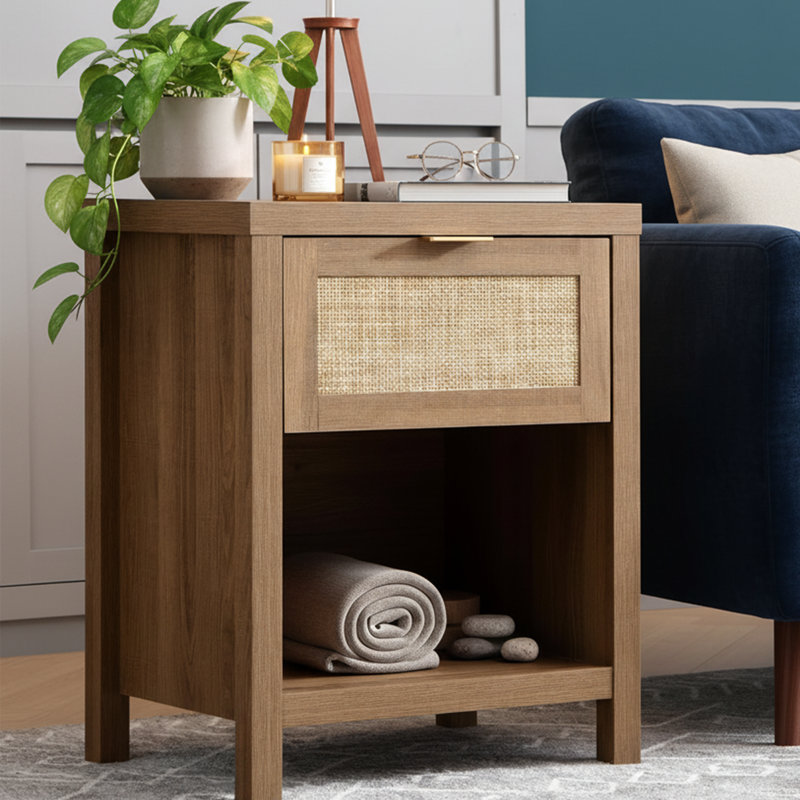 25'' H Rattan Nightstand - 19.7'' W Boho Farmhouse Style, Drawer, Open Shelf - Oak Finish, Oak