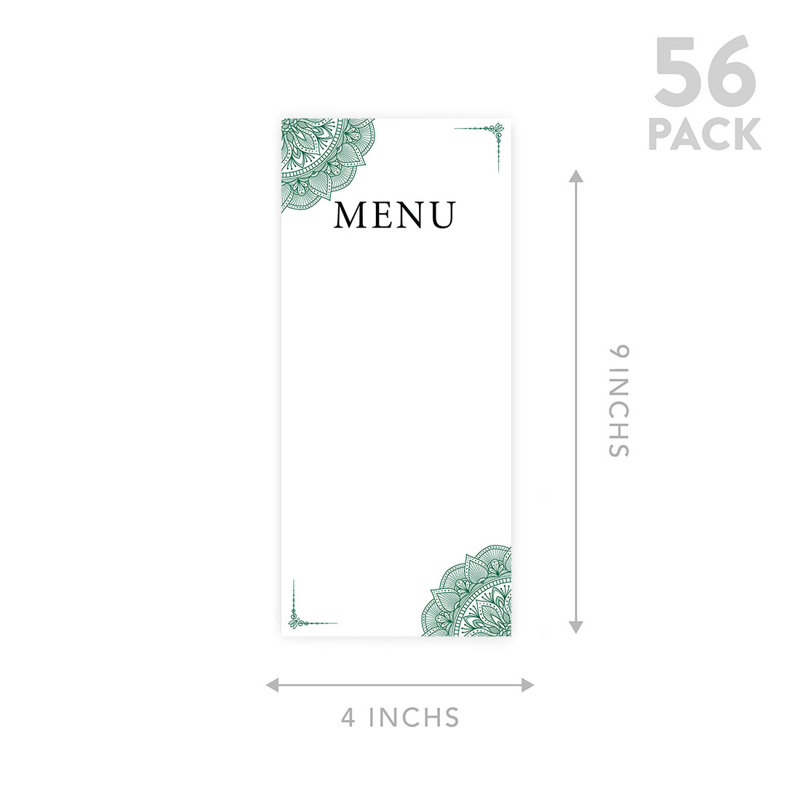 Élégant ensemble de 52 cartes de menu imprimables ornées de papier de mariage vert foncé, Vert foncé