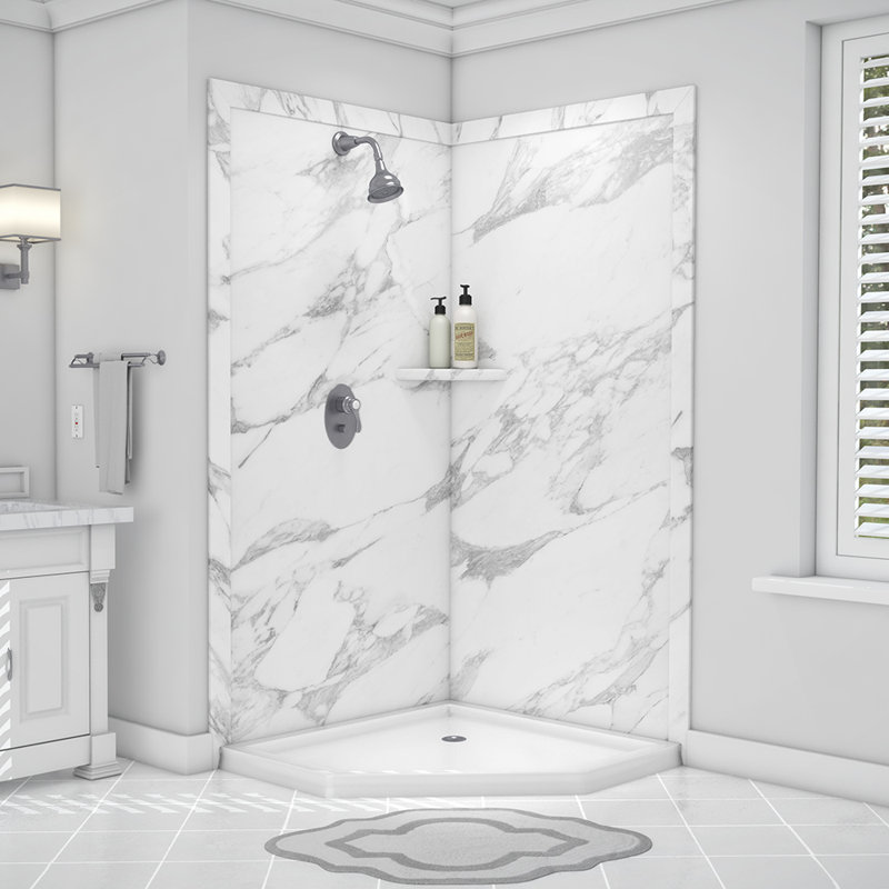FlexStone Splendor 40"W x 40"D x 80"H Corner Shower Surround in Calacatta White, Calacatta White