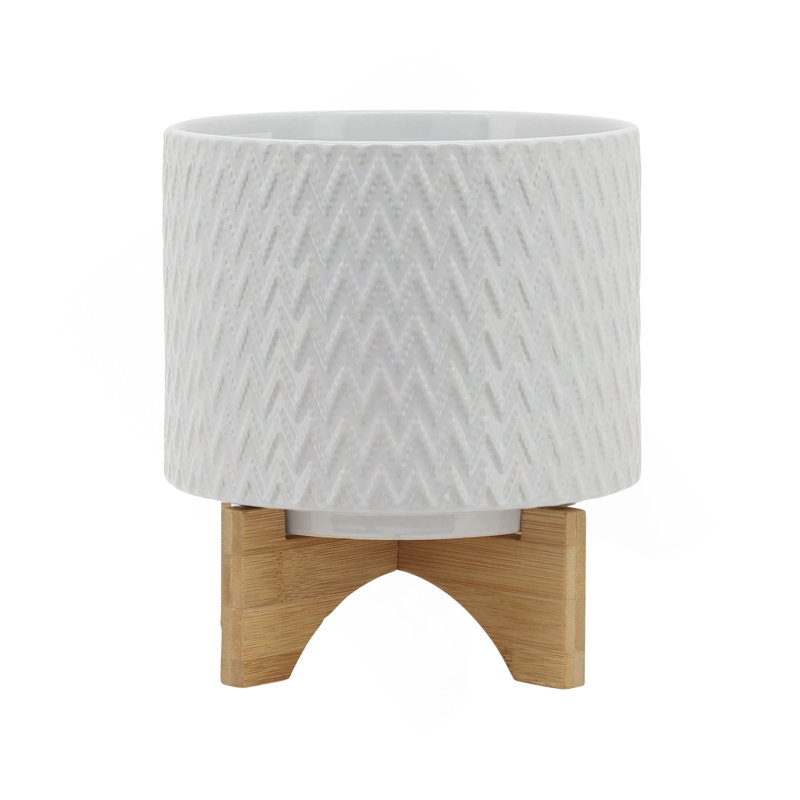 8" CHEVRON PLANTER W/ STAND, WHITE, 10" H x 8" W x 8" D