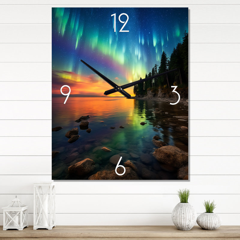 Horloges murales magiques Aurora Borealis Artic Lake Serenity III - Northern Lights, Grand