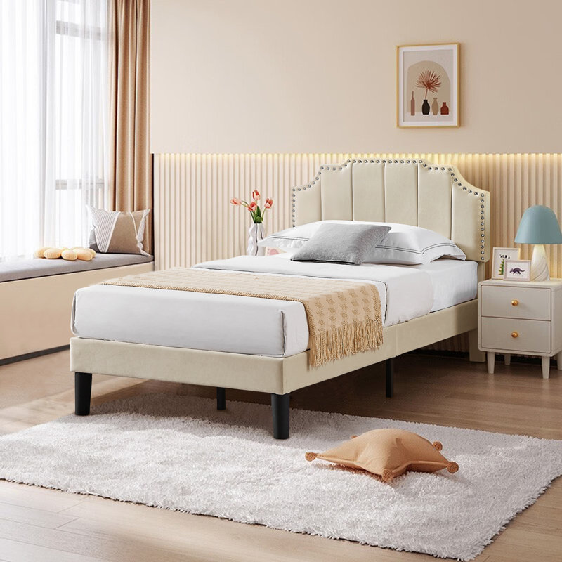 Tamerlan Twin Size Set Upholstered Adjustable Headboard Noiseless Platform Bed, Beige