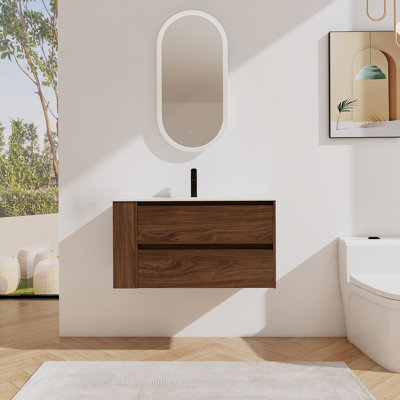Meuble-lavabo mural avec lavabo en céramique, tiroir à fermeture en douceur