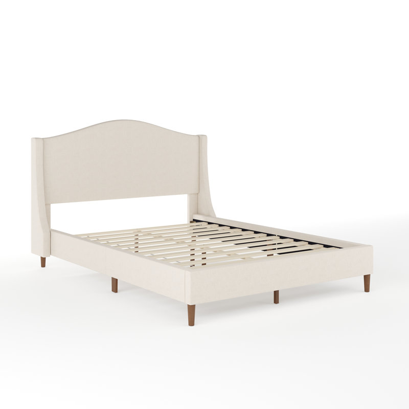 Full Beige Linen Upholstered Platform Bed with Walnut Legs