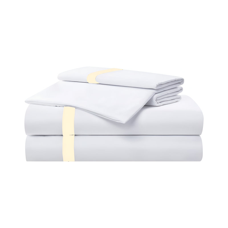 400TC Cotton Sateen Border Frame Cotton 4 Piece Sheet Set Fitted Sheet Fits Upto 16" Deep Pocket, Ivory, Twin Sheet Set