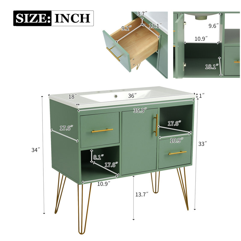 36'' Green MDF Freestanding Bathroom Vanity with Resin Sink
