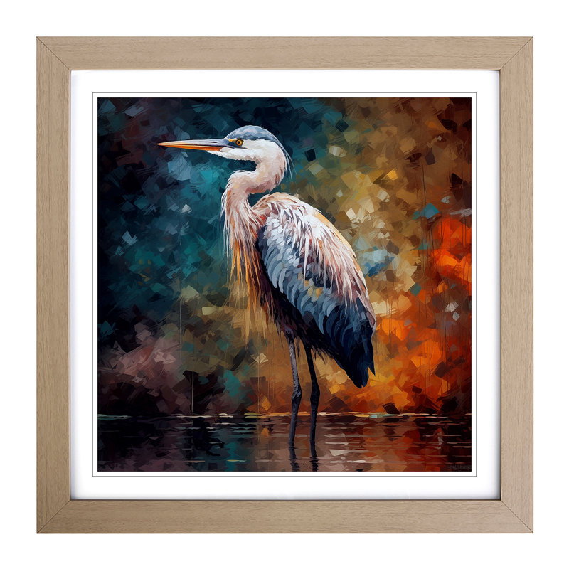 Heron Post-Impressionism - Single Picture Frame Print on Wood, Oak
