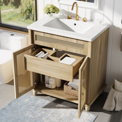 30-Inch Bathroom Vanity: Handwoven Rattan Doors, Solid Wood Legs & Resin Basin