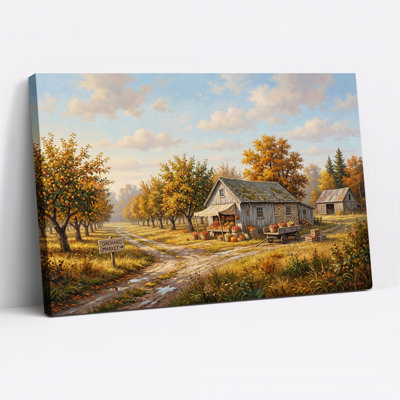 Art mural sur toile représentant un étal de marché dans un verger doré d'automne avec une grange