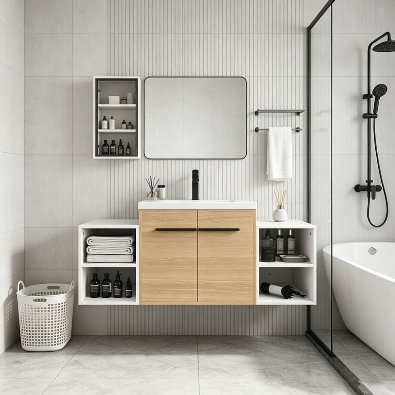 Ensemble de meuble-lavabo mural 48 po avec lavabo de comptoir en résine et 2 tablettes de rangement, 2 portes à fermeture douce (KD-Packing)