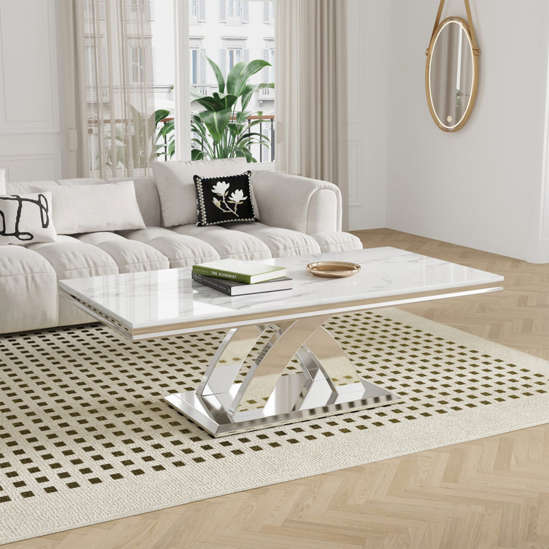 Rectangle Coffee Table With Luxury Mirrored Double X-Base, Silver