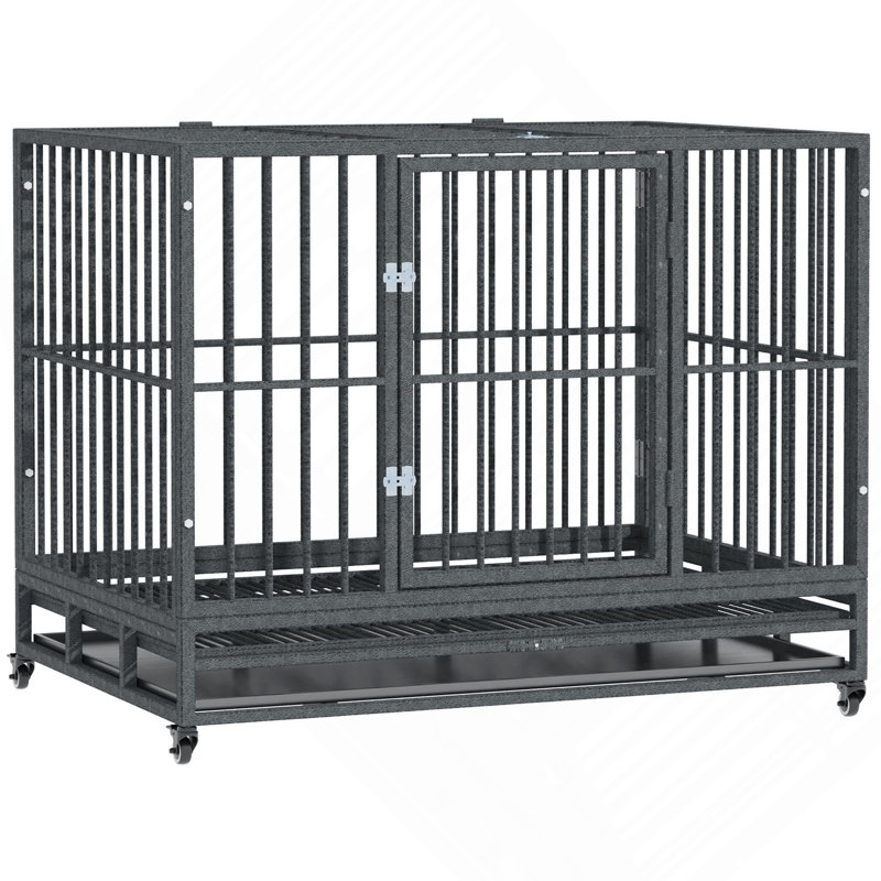 Chenil en cage 43 po en métal robuste avec roues verrouillables, porte double et plateau amovible, gris