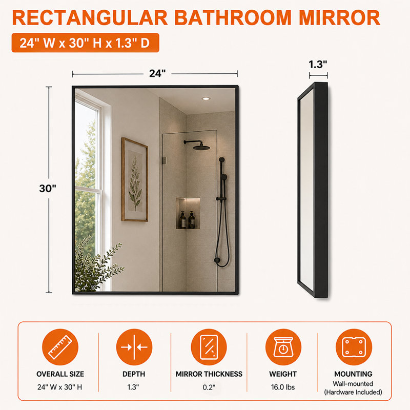 Cosy 24 in. W x 30 in. H Rectangular Framed Wall Bathroom Vanity Mirror in Matte Black, Black, 30" x 24"