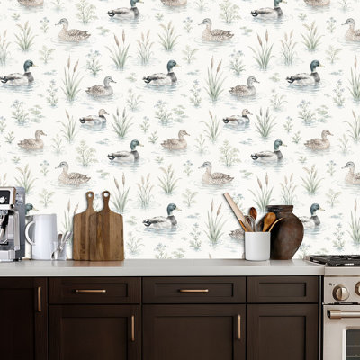 Peler et coller le papier peint aquarelle canards, zones humides, roseaux, canards colverts, papier de contact, adhésif mural amovible, décoration murale pour armoires de cuisine de chambre à coucher, 24 po x 118 po