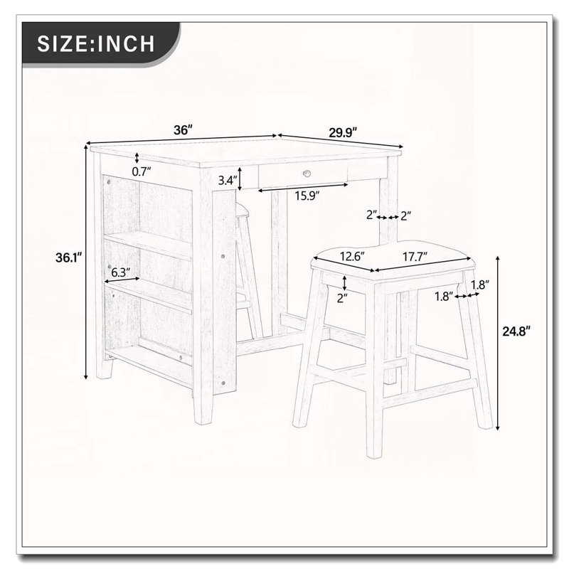 Ensemble de table de bar avec prise électrique, rangement et 2 tabourets