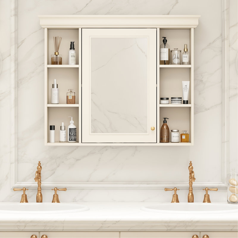 Modern Mirror Cabinet For Bathroom - Beige Cream Wall Mounted Luxury Style 35'' X 28'' Concealed Storage Metal Hardware Color
