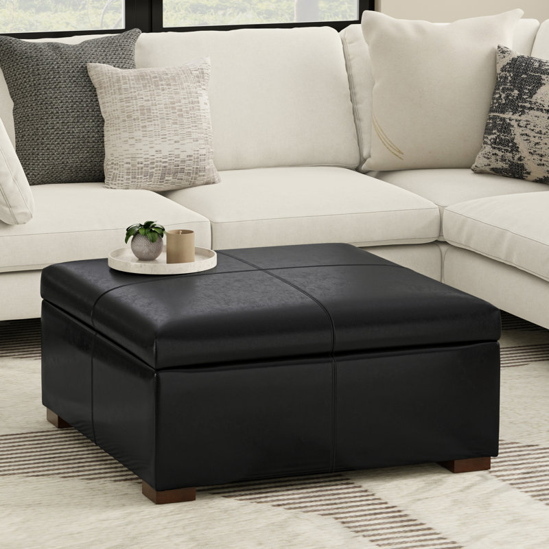 Gabbie 36"W Upholstered Vegan Leather Contemporary Square Lift-Up Coffee Table Storage Ottoman with Hidden Storage, Black