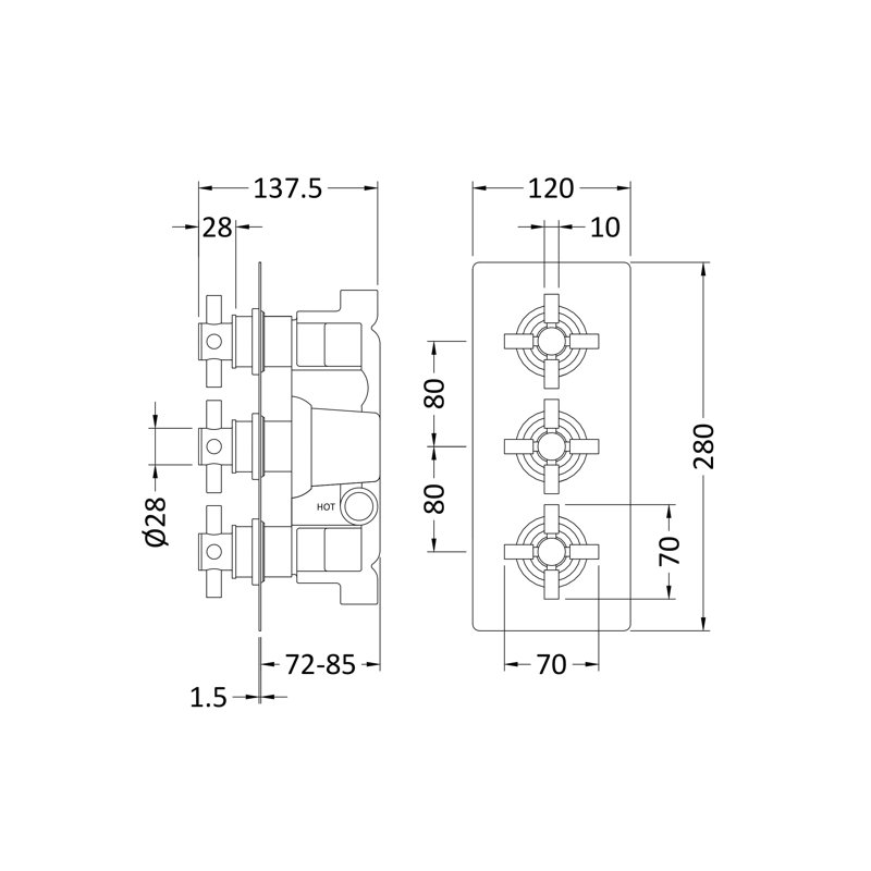 Tec Crosshead Triple Concealed Thermostatic Shower Valve, Matte Black
