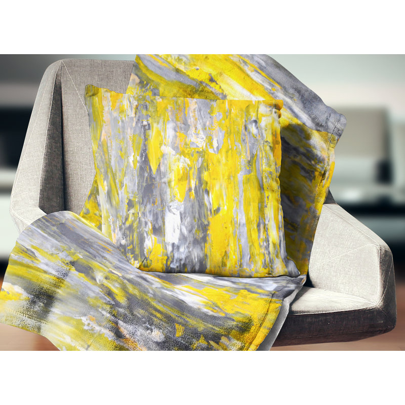 Coussin décoratif à motif abstrait gris et jaune, 18 po x 18 po, Carré