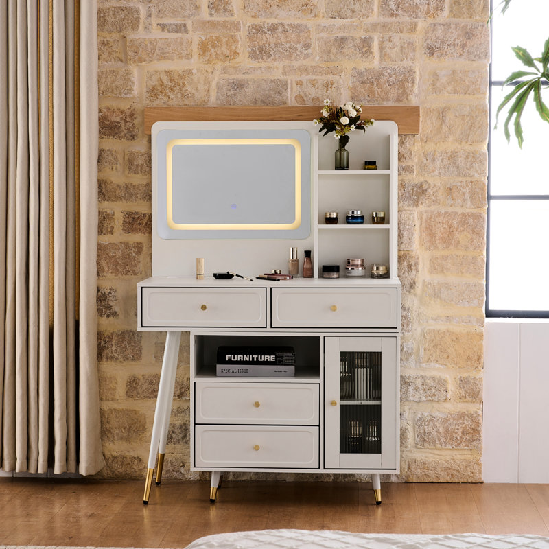 Bedroom Makeup Desk In White With 3 - Color Lighting Modes, Retractable Side Cabinet, Drawer Dividers, And Built Charging Table Adjustable Mirror, Interchangeable Compartments, Power Outlet