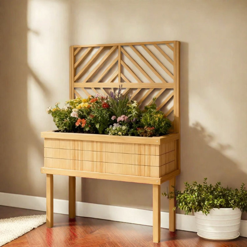 Spacious Self-draining Planters, Wood Elevated Trellis Design For Outdoor
