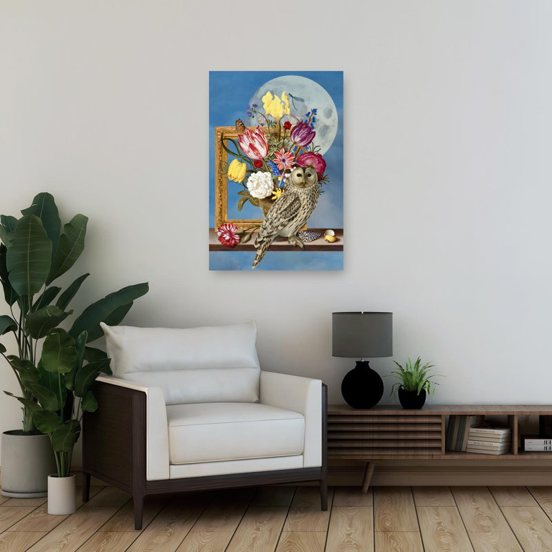 Moonlit Owl And Flowers Classic Elegant Surreal Butterfly Dragonfly Owl Flower Nature Wall Art Print by Marja Van Den - Wrapped Canvas Print
