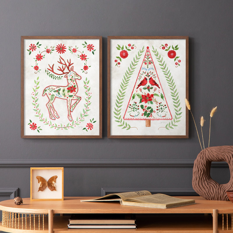 Renne de Noël populaire - reproduction encadrée de qualité supérieure - prête à être accrochée - aucun clou requis - aucun clou requis