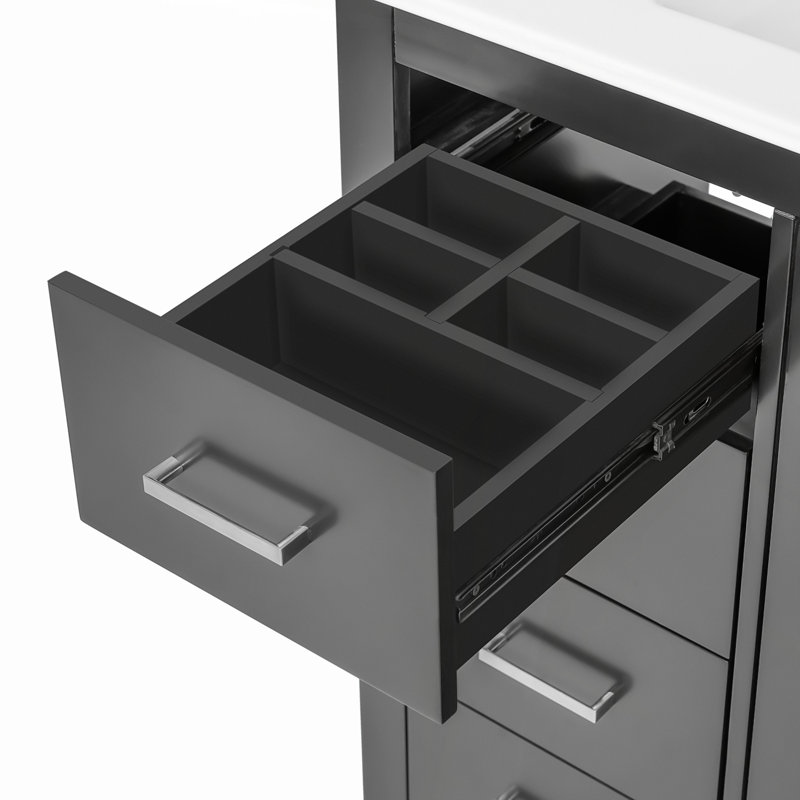 Meuble-lavabo de 36 po avec lavabo en céramique, structure en bois massif et rangement spacieux, ensemble autoportant avec 3 tiroirs et portes à fermeture douce