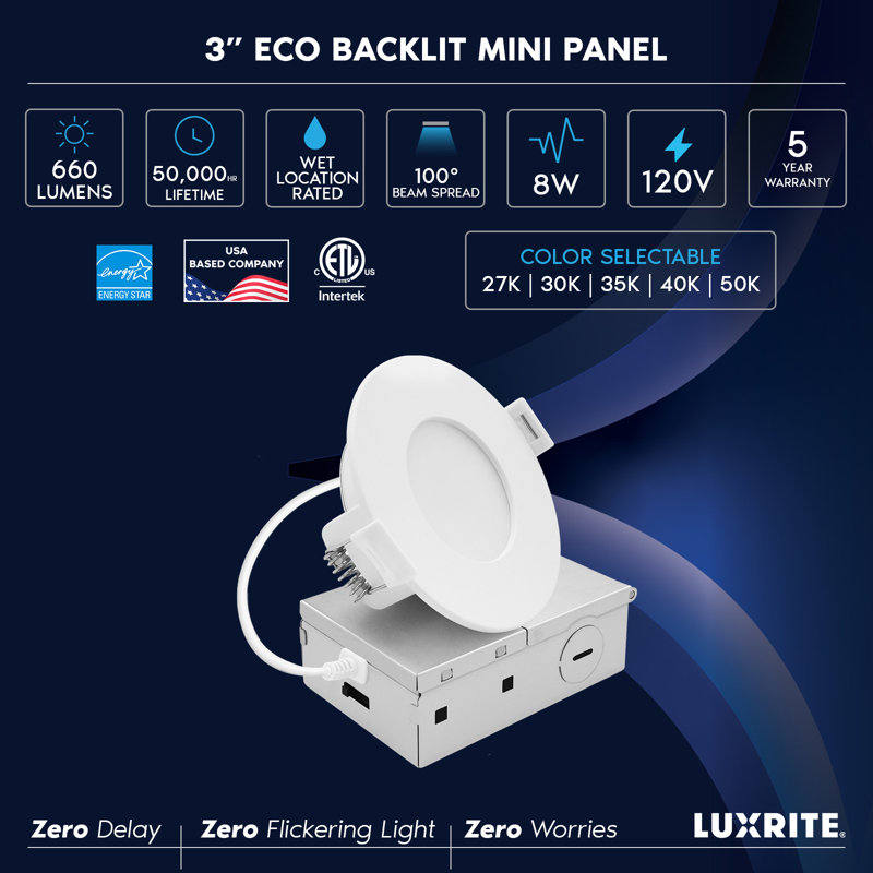 LuxRITE 3 po Éclairage encastré à DEL, mini projecteur rétroéclairé ECO, 5CCT 2700K-5000K, 660LM, 8W, faisceau 100 °, intensité variable 10 à 100%, triac ETAC