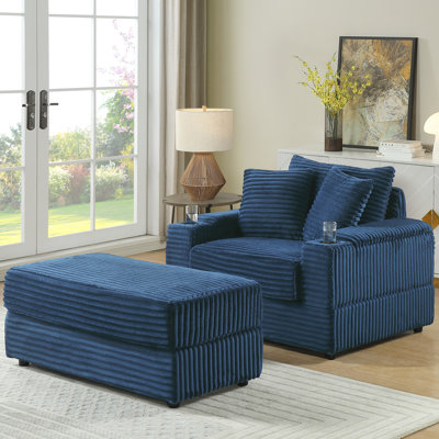 Confortable 1 velours côtelé bleu avec 2 coussins décoratifs et un canapé de siège profond pour le salon, tissu de luxe, structure à haute éponge et ressorts, soutien ergonomique réfléchi, coussin lombaire,
