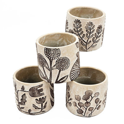 Viara de 4, sable gris - jardinières en ciment, embellissements botaniques bruns, groupements de plantes traînantes 4 et impressions, décor de chambre rustique