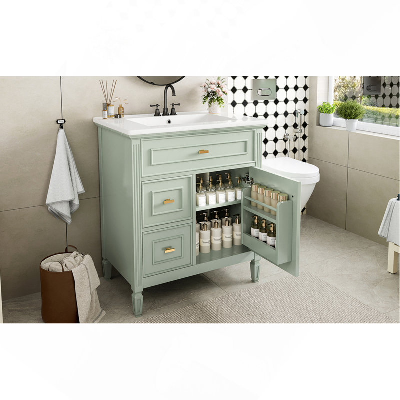 Meuble-lavabo 30 po avec lavabo, meuble-lavabo avec un tiroir rabattable et deux tiroirs, tablette réglable, bois massif et panneau de fibres à densité moyenne, vert