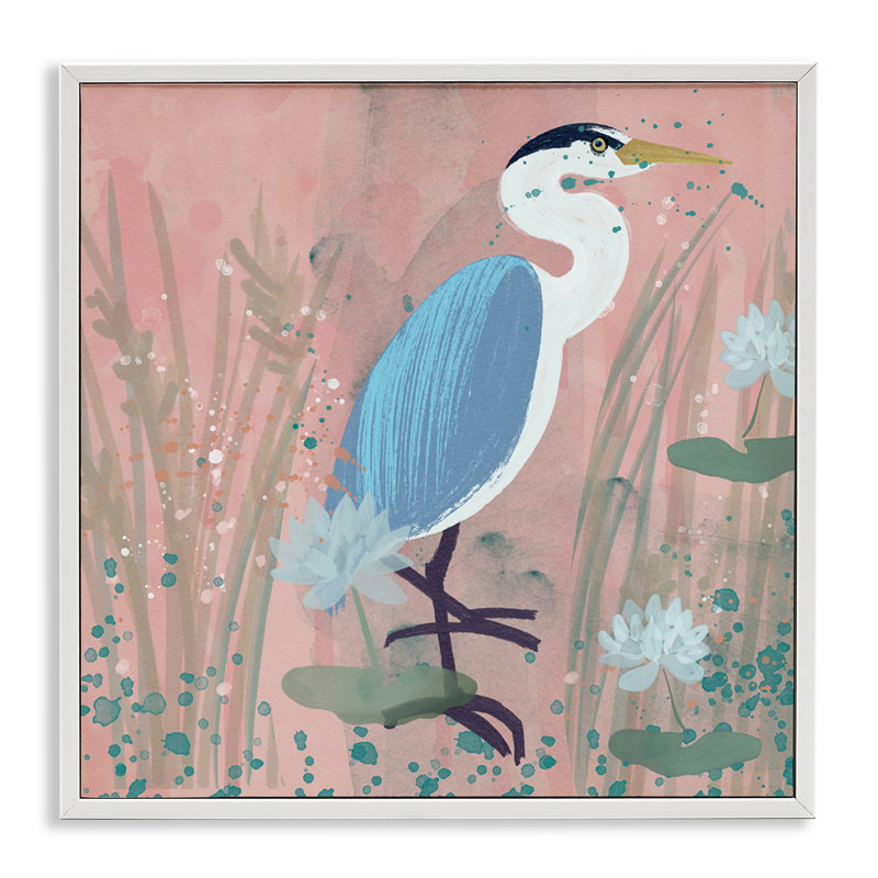 Oiseau côtier avec fleurs de lotus, estampe numérique par Juliet Rose Philips, Giclée encadrée blanc bord de mer